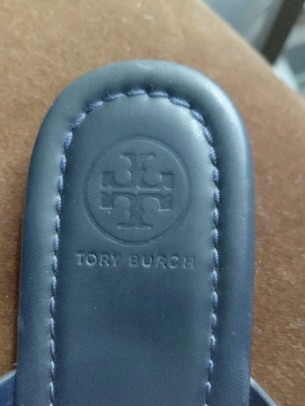 Tory Burch Navy Leather Thong Sandals with Gold Logo Medallions